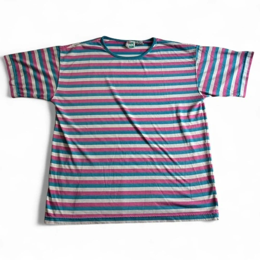 Vintage First Run Women's Medium Stripe Ring Neck T Shirt Pink Blue Boxy Fit - Picture 1 of 4